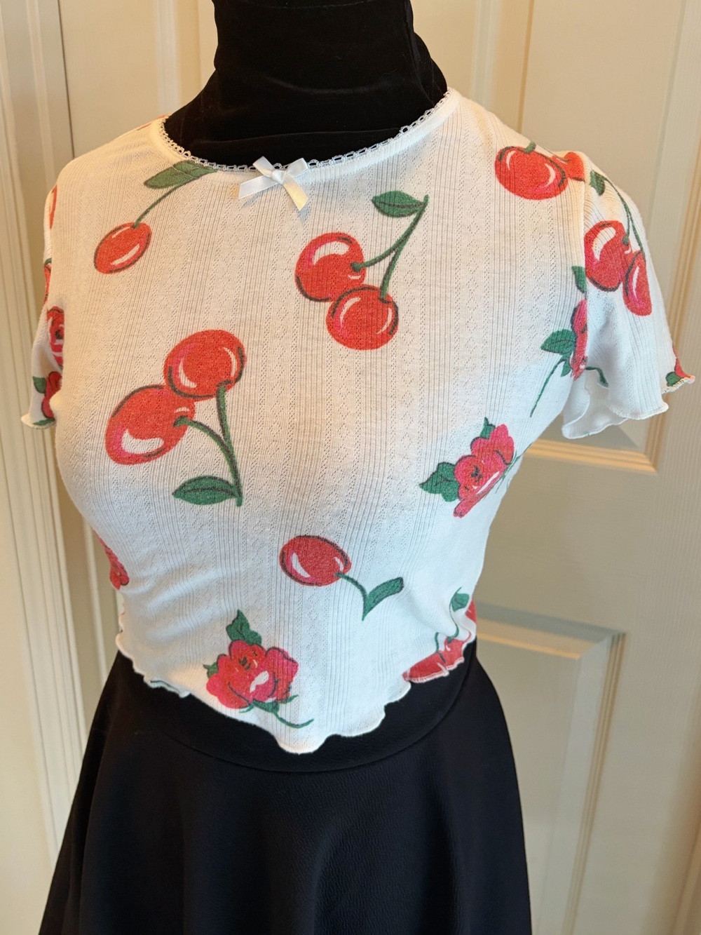 For Love And Lemons Pointelle Rose and Cherry “Wilma” Crop T-Shirt